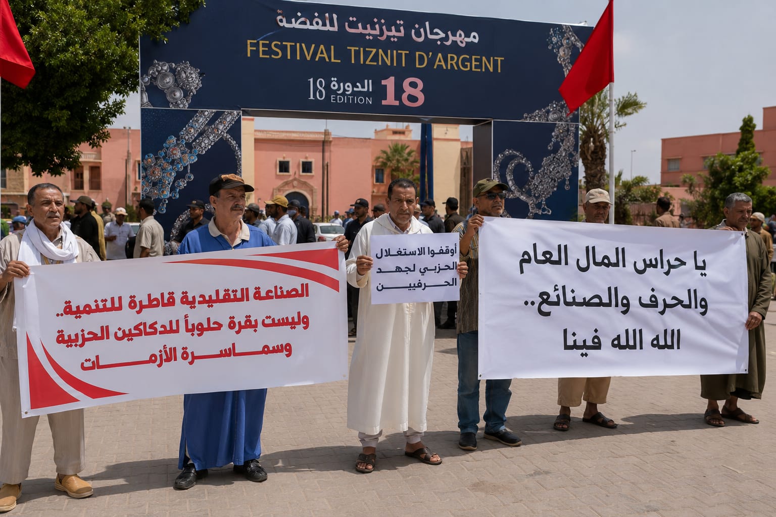 احتجاج يهز افتتاح مهرجان تيميزار للفضة بتيزنيت.. والصناع التقليديون يرفعون شعارات تتهم بـ”الاستغلال الحزبي”